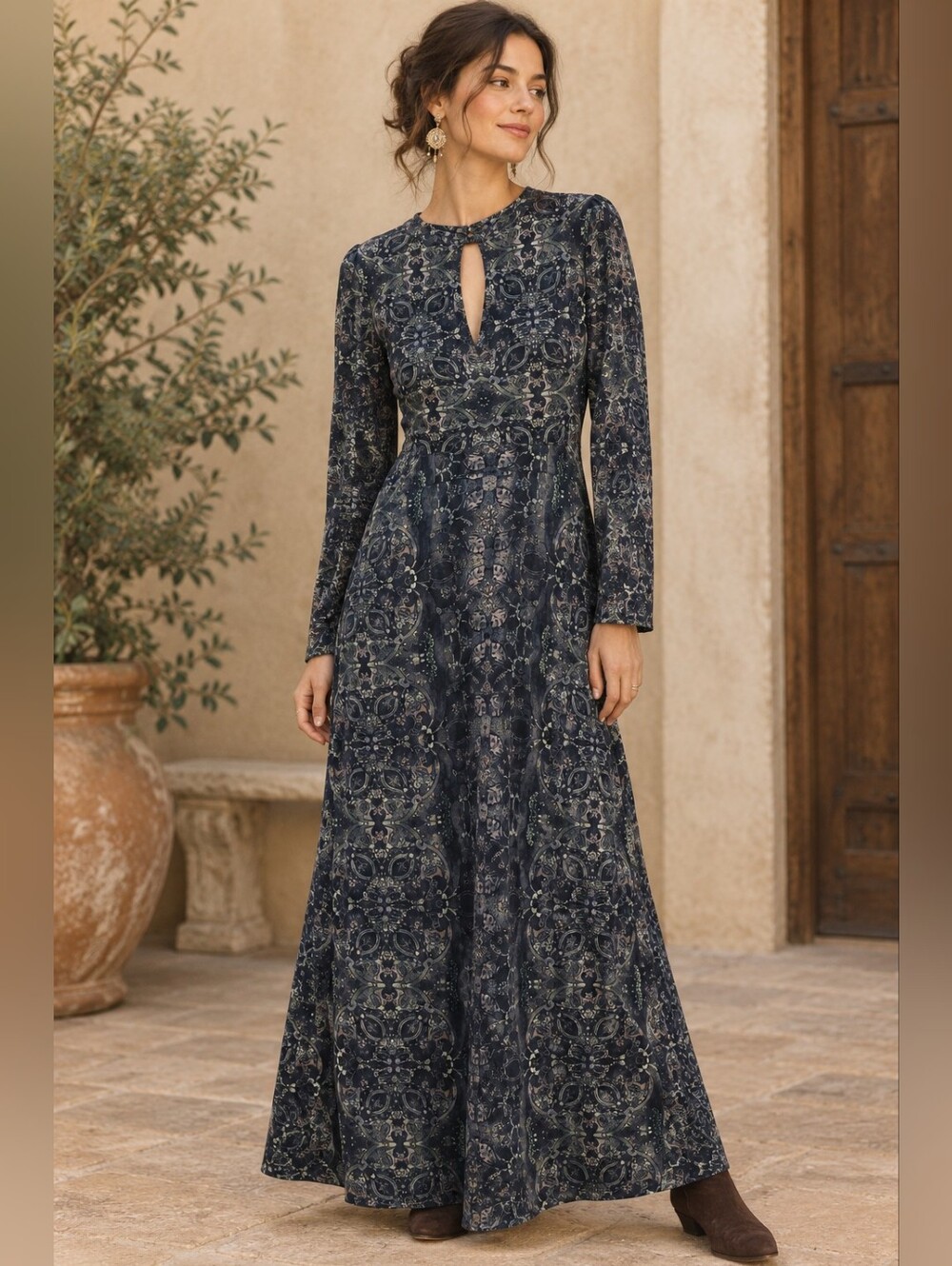Free People  Paisley Long Sleeve Maxi Dress Size Large Boho Chic